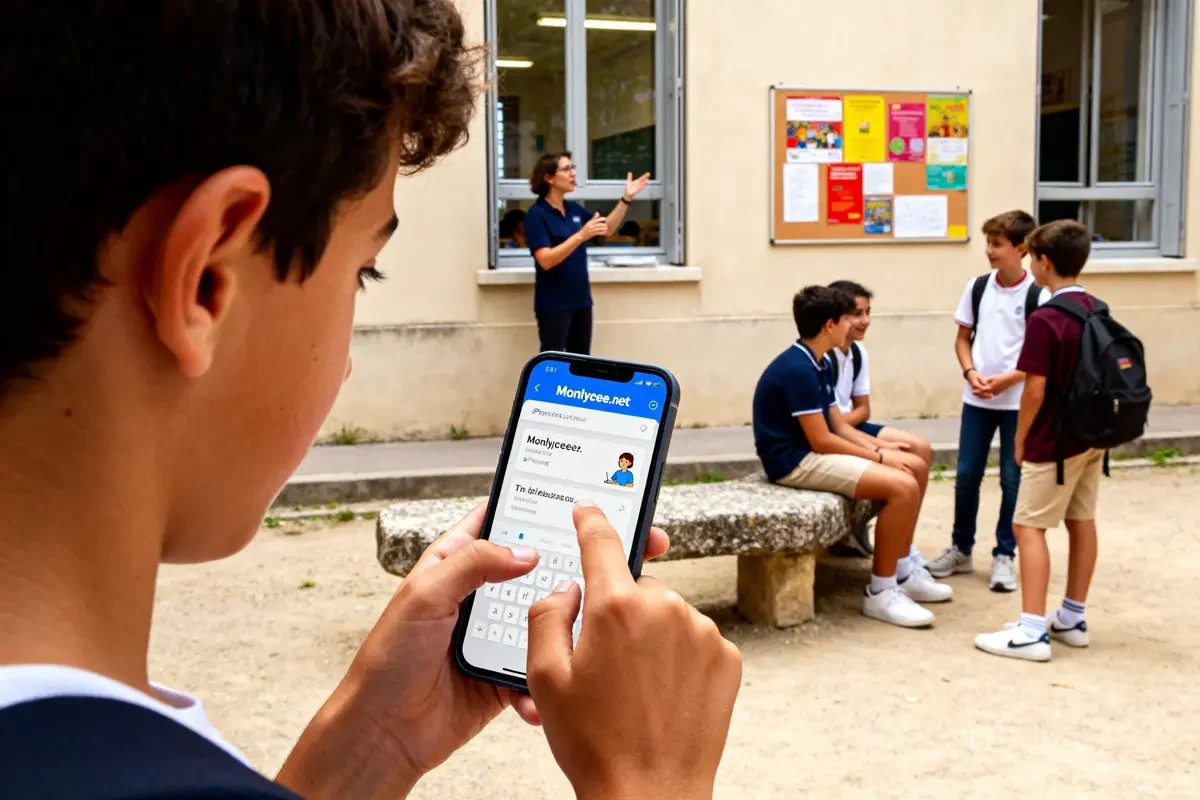 Élève utilisant Monlycée.net en cour de récréation d'un lycée en Île-de-France