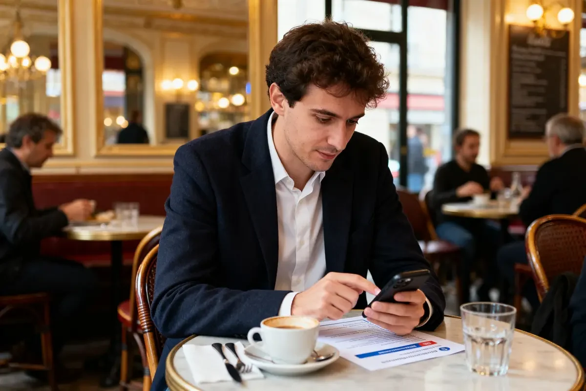 Un homme au café utilisant son téléphone devant un document Gaddin sur la table