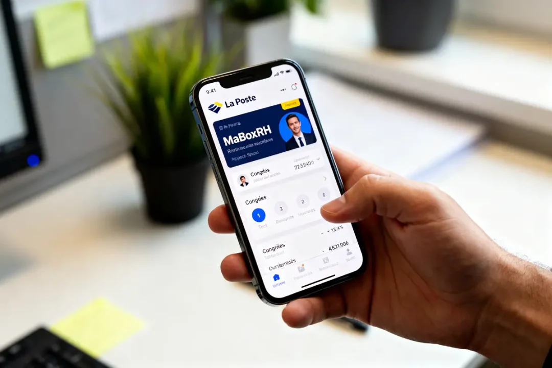 Personne utilisant une application La Poste avec MaBoxRH sur smartphone au bureau
