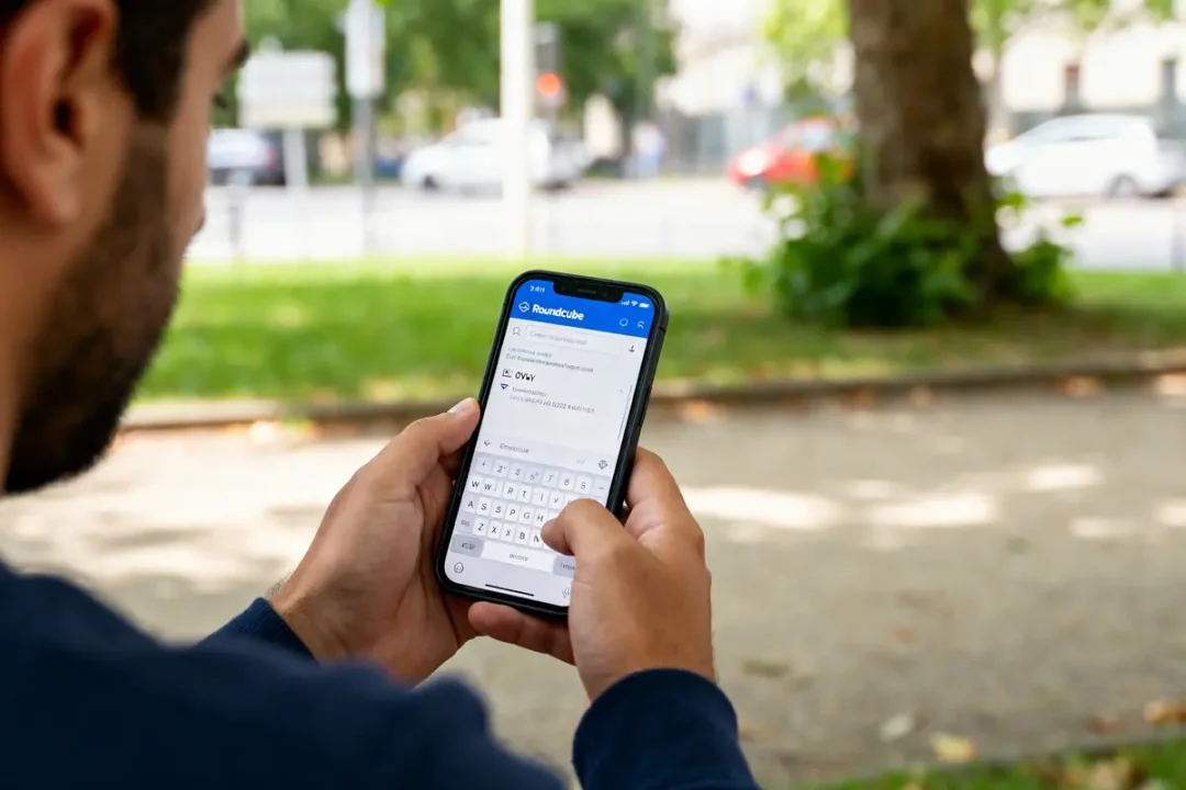 Personne utilisant l'application RoundCube pour accéder à l'email OVH Mail sur mobile