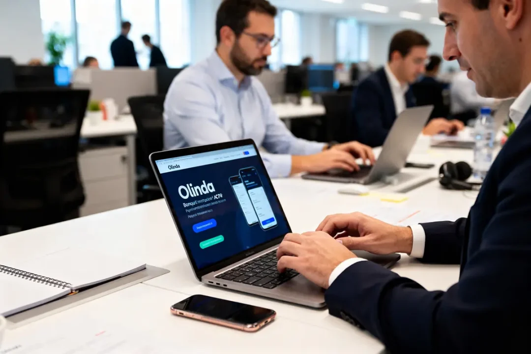 Employé travaillant sur ordinateur au bureau avec site Olinda Banque pour avis professionnels