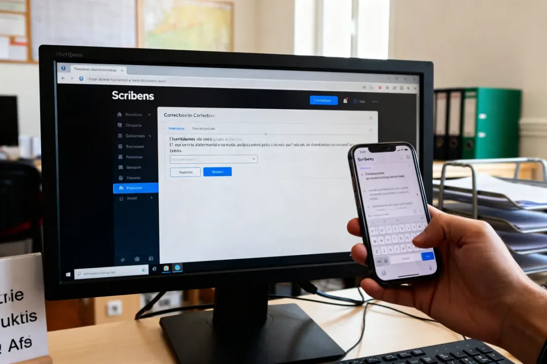 Écran et téléphone affichant Scribens pour correction de texte dans un bureau lumineux