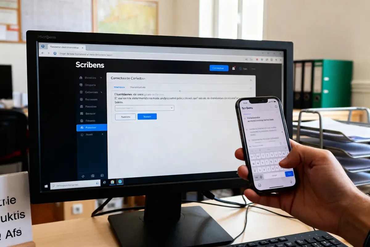 Écran et téléphone affichant Scribens pour correction de texte dans un bureau lumineux