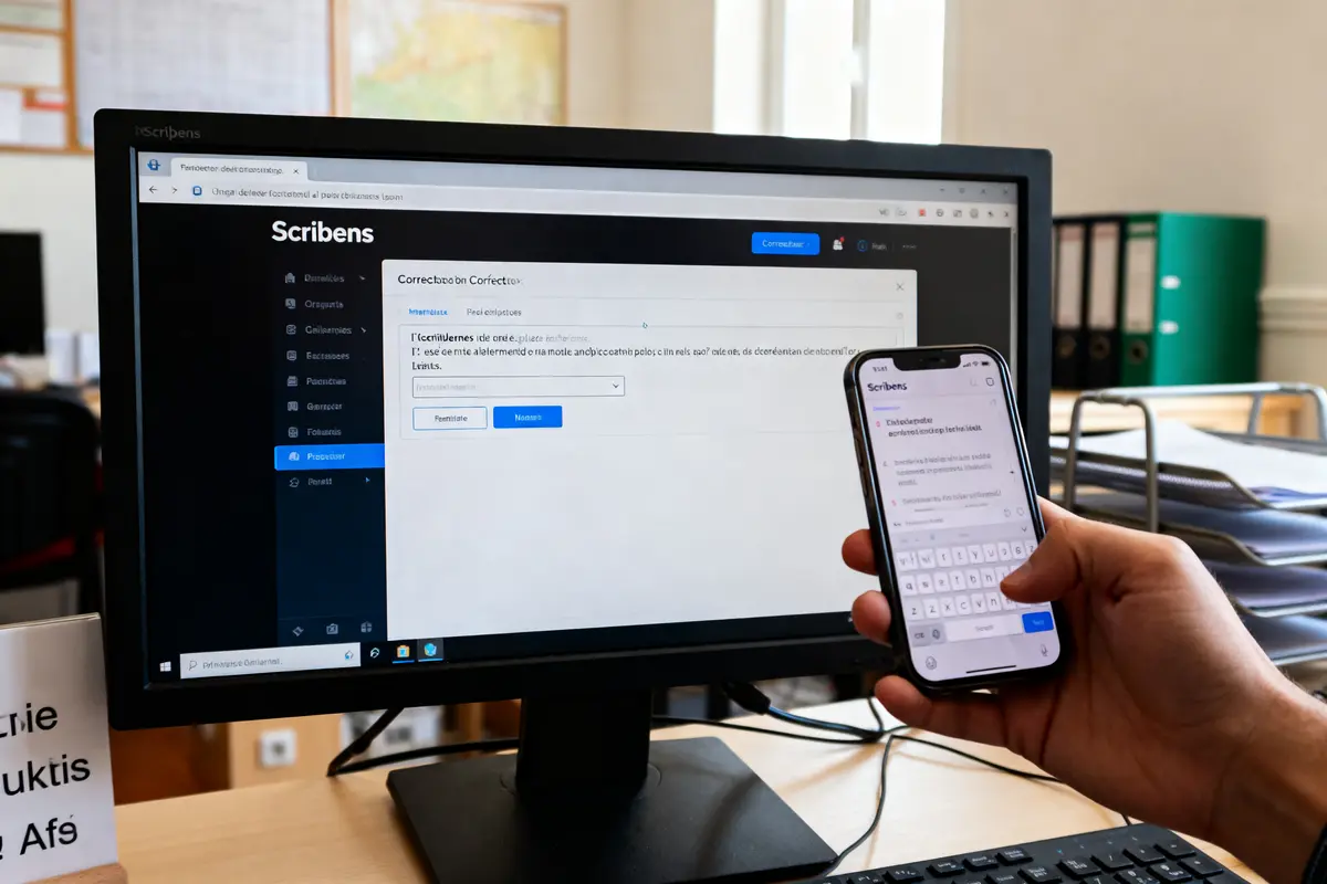 Écran et téléphone affichant Scribens pour correction de texte dans un bureau lumineux