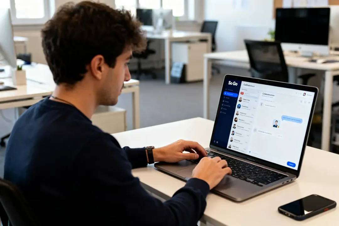 Homme utilisant l'application So Go sur un ordinateur portable dans un bureau moderne