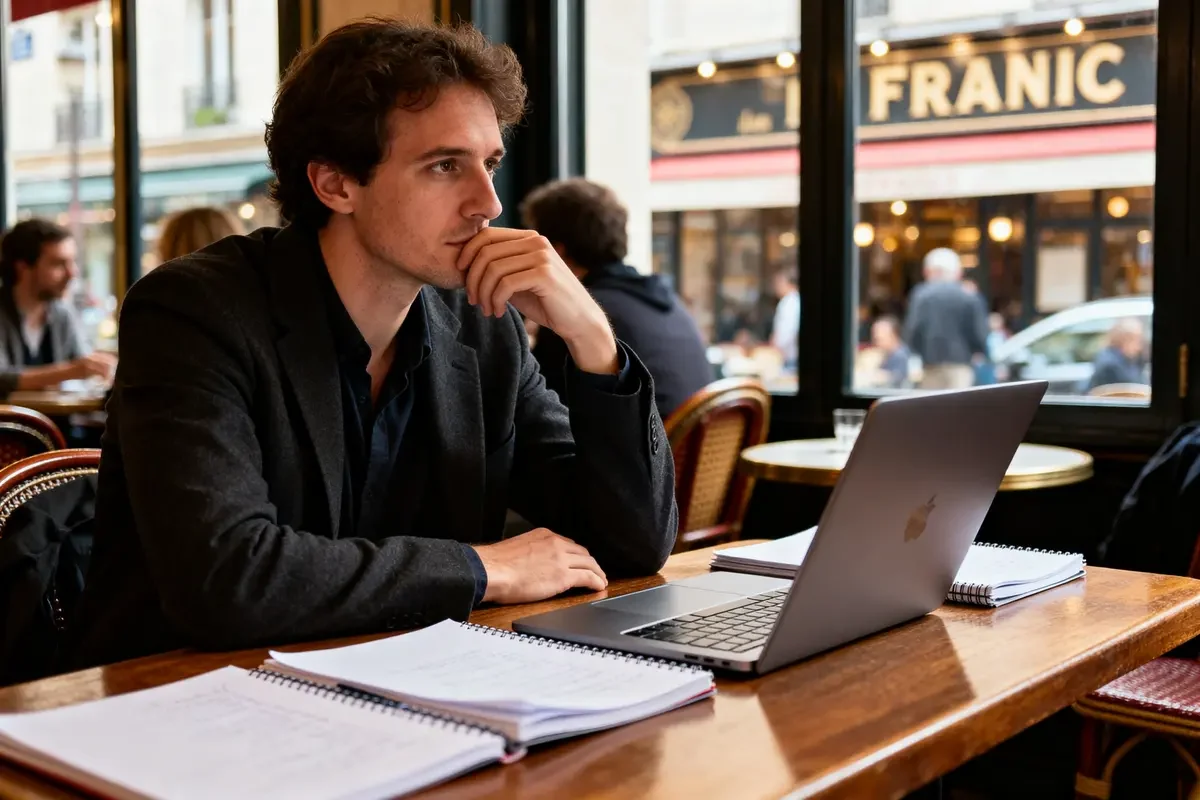 Homme pensif au café devant un ordinateur portable, réfléchissant à des axes d’amélioration possibles