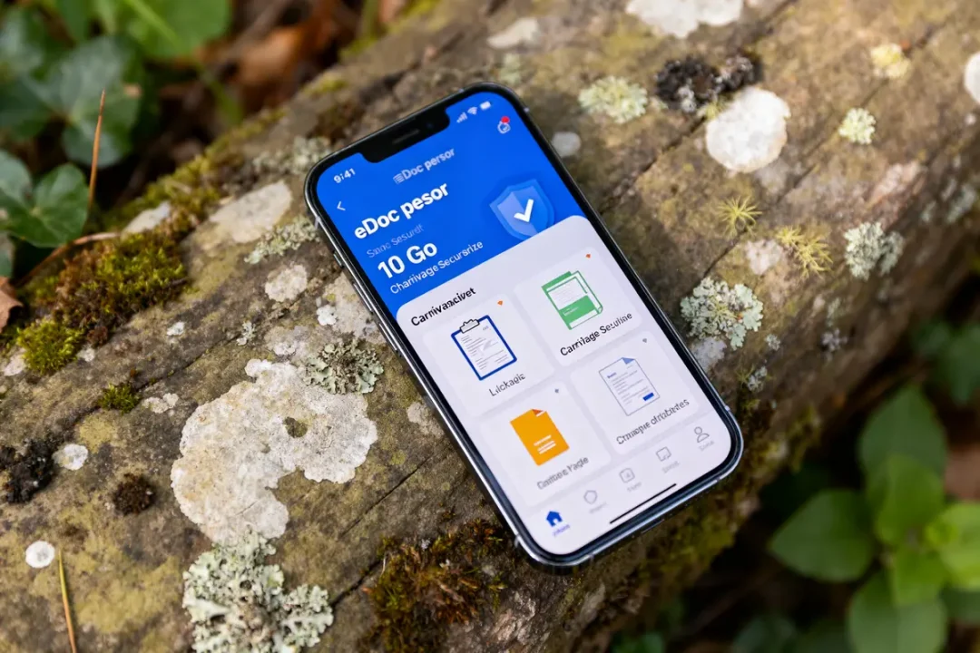 Smartphone affichant l'application eDoc personnel posée sur un tronc d'arbre couvert de lichen