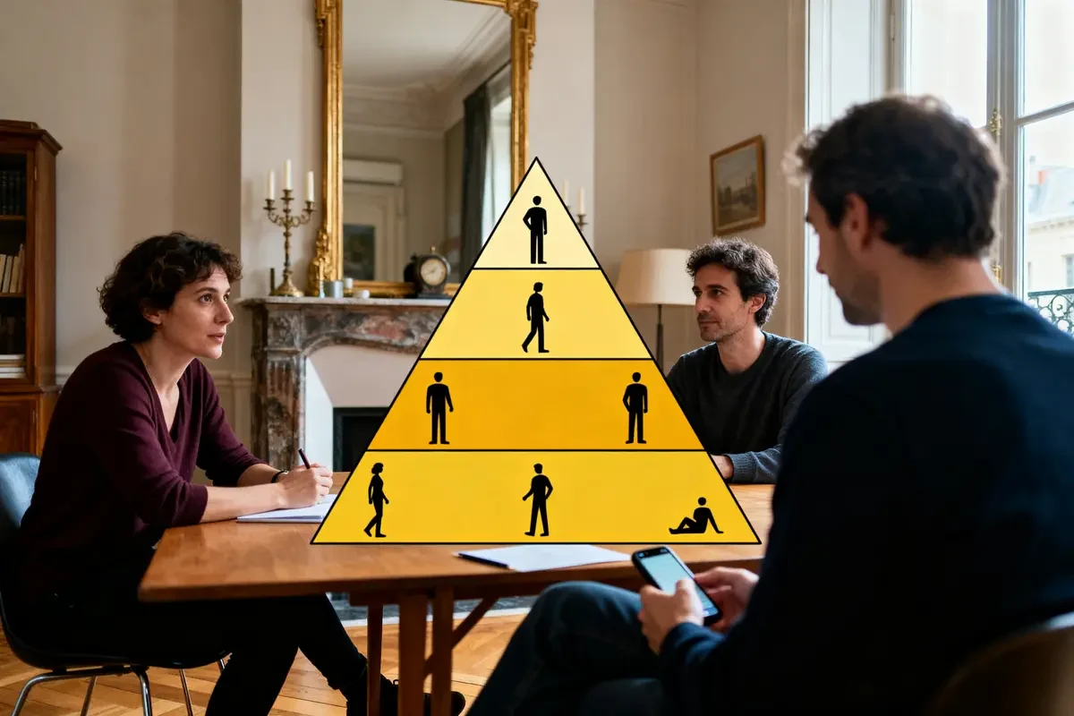 Trois personnes discutent à propos de l'explication de la pyramide de Maslow.