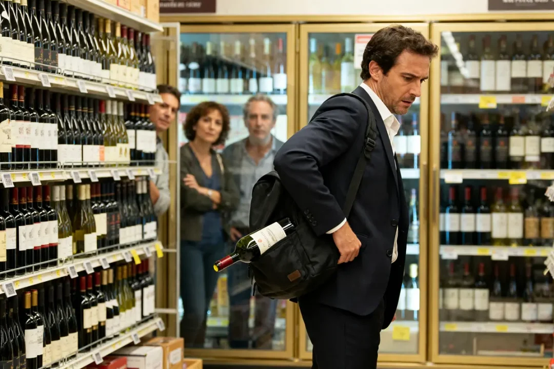 Un homme dissimule une bouteille de vin dans son sac, stratégie astucieuse observée.