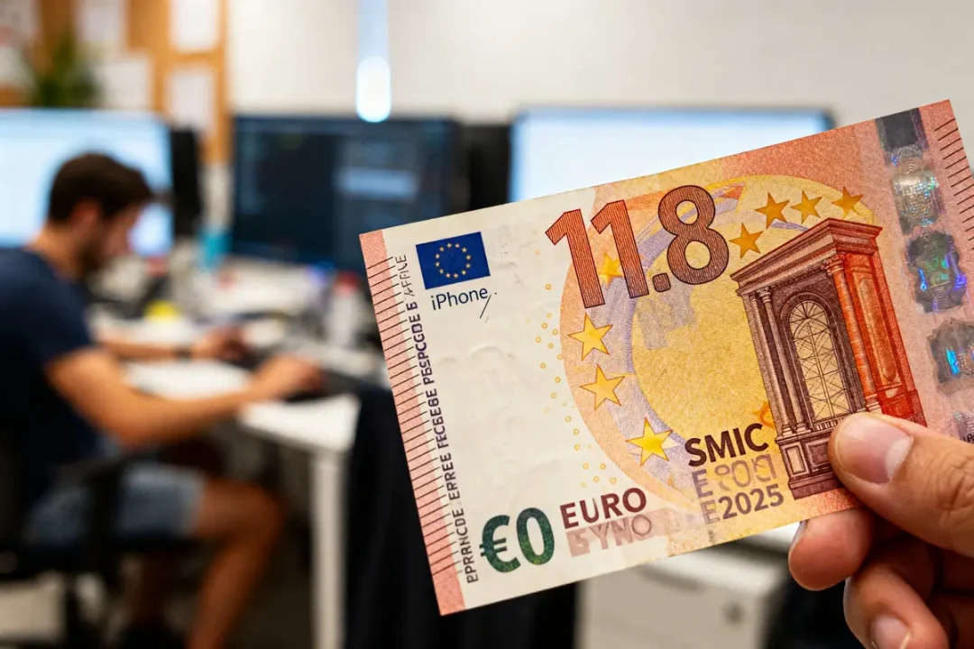 Un faux billet évoque le taux horaire du SMIC 2025 dans un bureau.