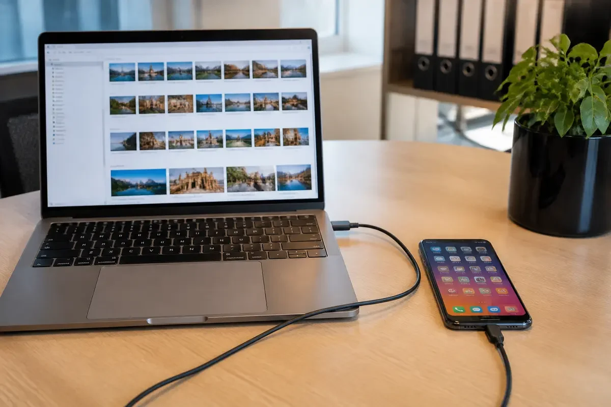 Transfert de photos Samsung vers ordinateur via câble USB sur bureau avec plante verte